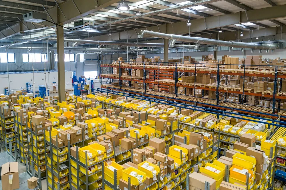 Warehouse inventory organized on shelves